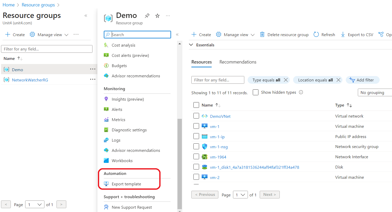 Select export template in resource groups