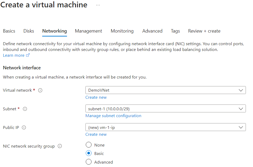 create virtual machines - networking tab