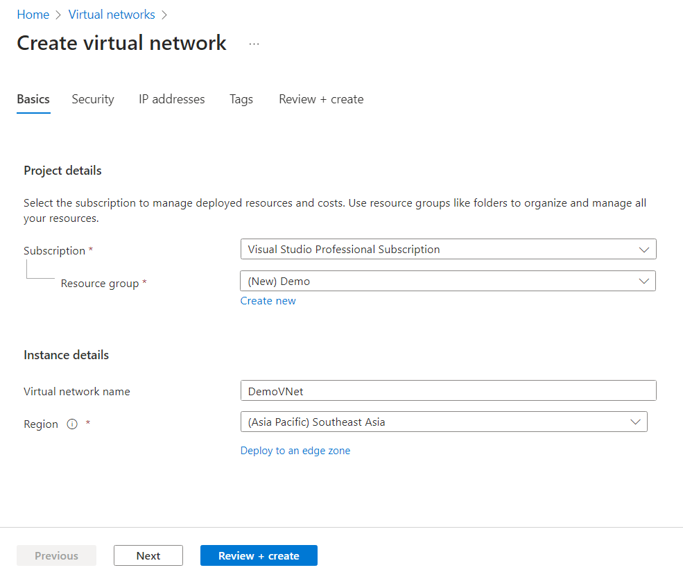 create virtual network page - basics tab