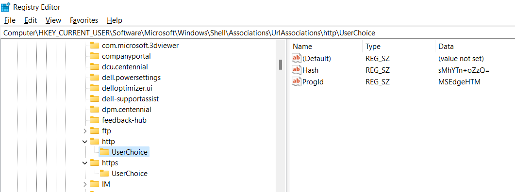 default browser information on windows registry key