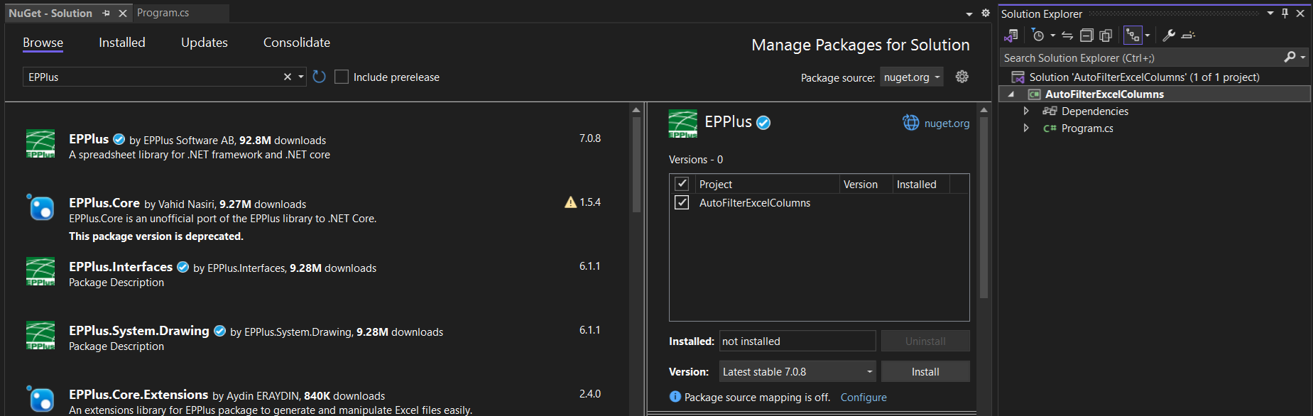 install epplus nuget package