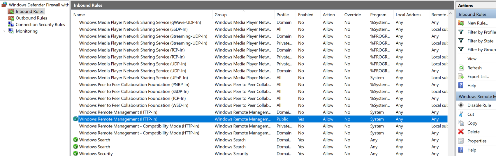 Enable firewall rule for Windows Remote Management (HTTP-In)