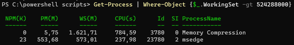 Get Processes Greater Than 500 MB