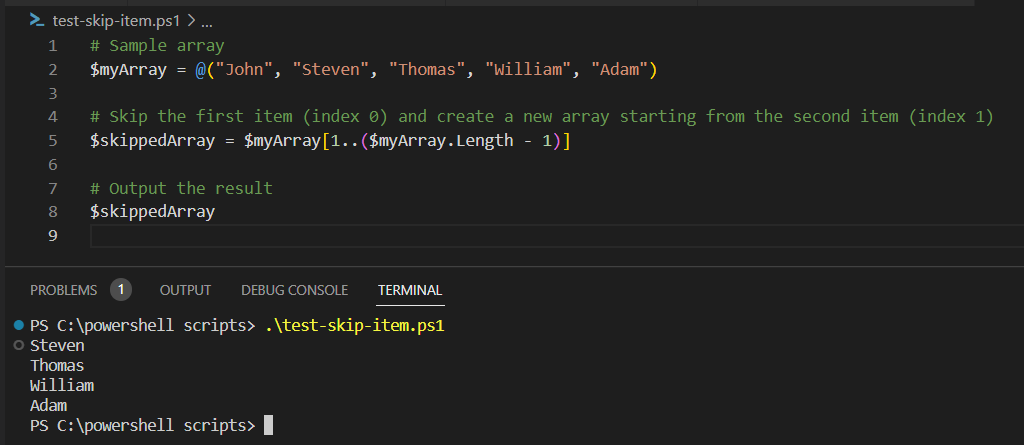 using array slicing to remove the first item in the array Cmdlet