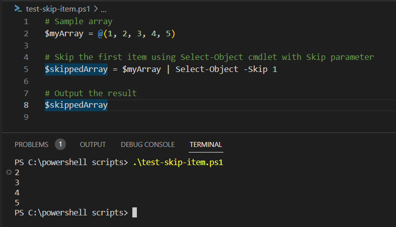 using select-object and skip parameter to remove first item in the array