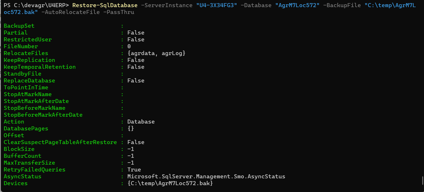 Restore-SqlDatabase result in console