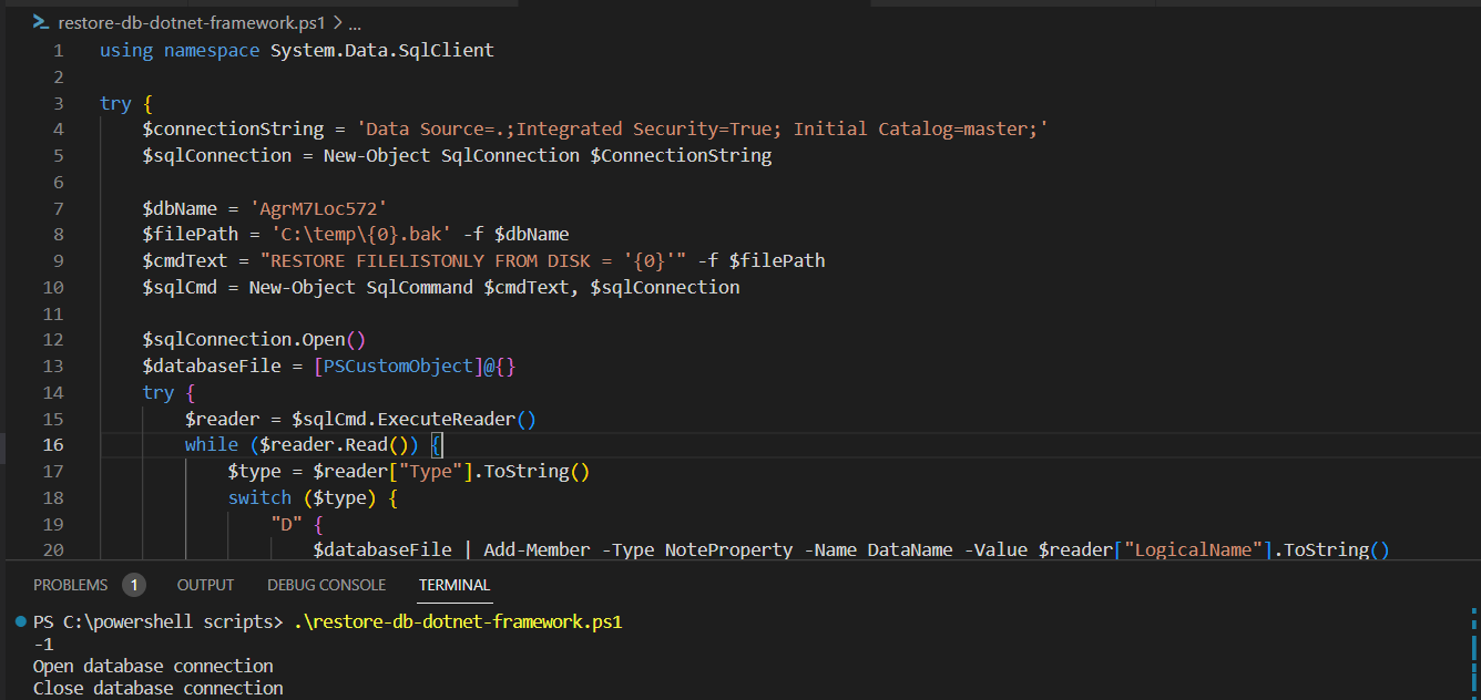 restore database using dotnet framework